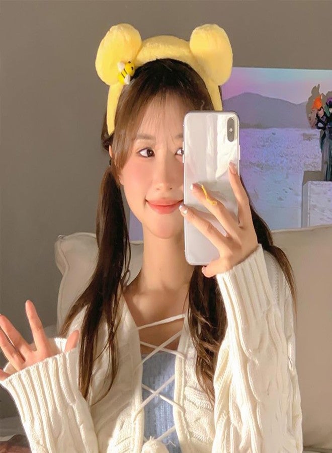 Capiant Yellow Plush Bear Ears Headband and Hair Ties, 2-Piece Spa Headband & Wristband Set, Soft Towels Washbands Elastic Plush Bear Spa Hairband, Ponytail Holders - Image 3